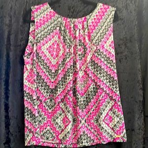 Calvin Klein Sleeveless Pink, Black, and While Print Blouse, 1X
